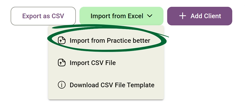 Select Import from Practice Better screenshot